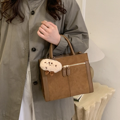 Women Retro Square Crossbody Bag PU Leather Suede Texture Large Capacity Zippered Handbag With Plush Charm Minimalist