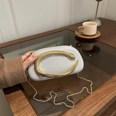 Borsa da Sera Luxury da Donna con Manico in Metallo a Serpente Vintage in Pelle Sintetica con Catena per Banchetti e Feste