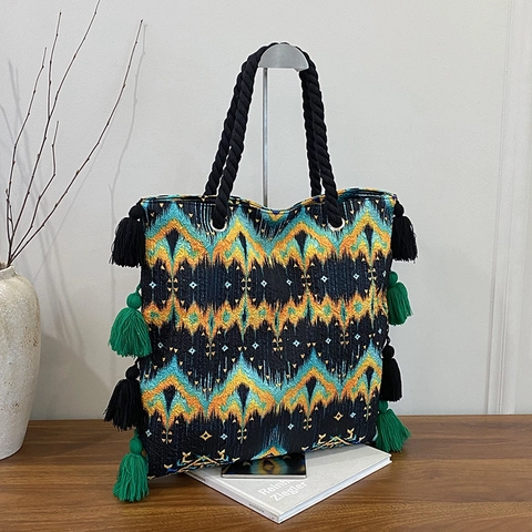 Sac Fourre-Tout en Toile Jacquard Ethnique Bohème pour Femme Grande Capacité Motif Géométrique Sac à Bandoulière Avec Glands et Poignées en Corde