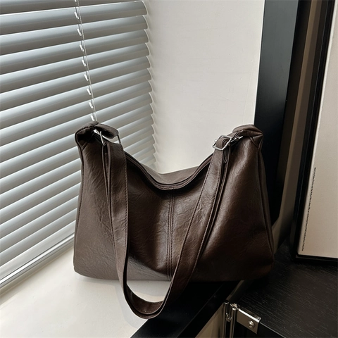 Women Minimalist PU Leather Large Shoulder Bag Fashion Solid Color Hobo Bag With Adjustable Strap Commute Handbag