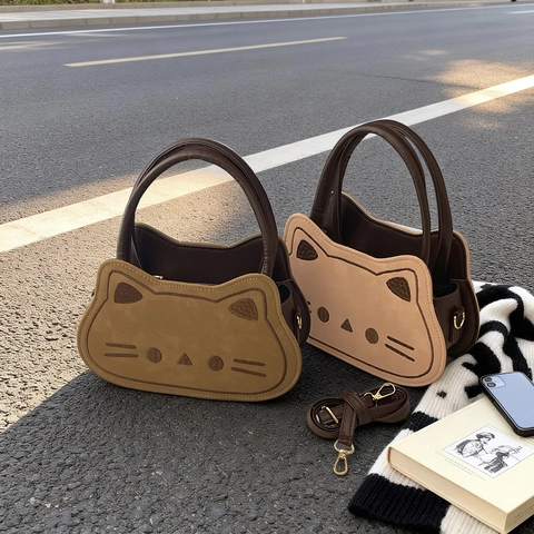 Linda Bolso de Mano con Forma de Cara de Gato para Niñas Niños Cuero de PU Bolso Bandolera Bordado de Animales Bolso Pequeño