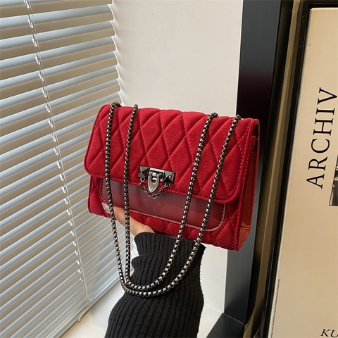 Borsa A Tracolla In Velluto Trapuntato Griglia Diamante Tracolla A Catena In Metallo Fibbia Di Chiusura Piccola Borsa Quadrata Retro