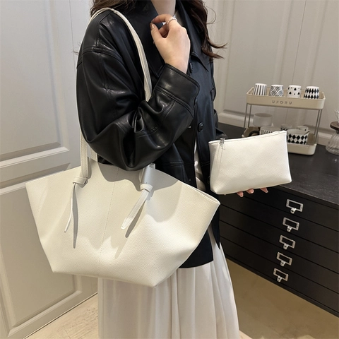 Große Tragetasche Damen PU Leder Lychee Textur Knot Schultergurt Handtasche Und Kleine Tasche Minimalistisch