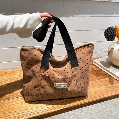 Borsa Tote da Donna Vintage in Velluto a Coste con Stampa Cuore Fiocco Grande Capacità Borsa a Spalla Casual Versatile per Scuola Shopping