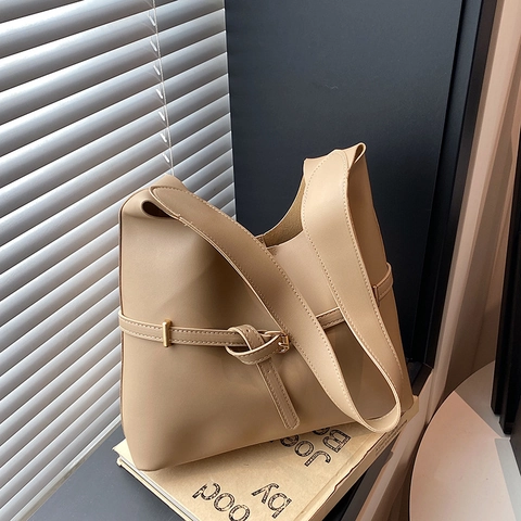 Bolso Tote Retro de Cuero PU para Mujer Gran Capacidad Color Sólido Bolso de Hombro Con Hebilla Decorativa Elegante Bolso de Axila
