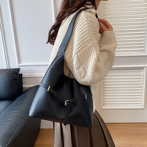 Bolso Tote Retro de Cuero PU para Mujer Gran Capacidad Color Sólido Bolso de Hombro Con Hebilla Decorativa Elegante Bolso de Axila