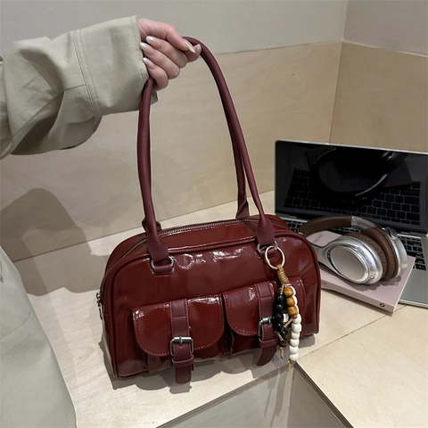 Retro Glossy PU Leather Boston Shoulder Bag Large Capacity Underarm Bag With Front Pockets And Beaded Charm For Women