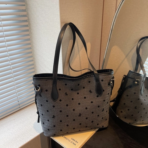 Borsa Tote Con Pois E Fiocco Donna Grande Capacità Borsa Tracolla Tessuto Cinturino Pelle Retrò Coreano Cerniera