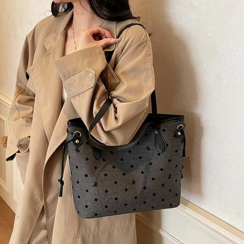 Borsa Tote Con Pois E Fiocco Donna Grande Capacità Borsa Tracolla Tessuto Cinturino Pelle Retrò Coreano Cerniera