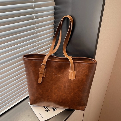 Women Large Capacity PU Leather Tote Bag Retro Vintage Shoulder Bag For Office Daily Commuting Solid Color Simple Handbag