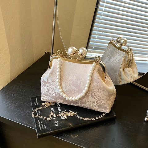 Sac de Soirée Vintage Nouveau Style Chinois Jacquard Avec Poignée en Künstliche Perles et Bandoulière Chaîne Métal Femme Qipao