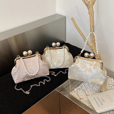 Borsa da Sera in Raso Jacquard Floreale Retro Con Manico di Perla Artificial E Tracolla a Catena Elegante Clutch a Scatto per Donna Festa