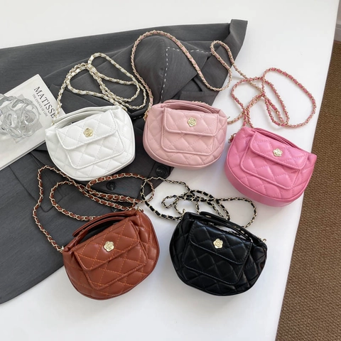 Women Mini PU Leather Rhombus Quilted Handbag Elegant Crossbody Bag With Camellia Flower Lock Small Chain Shoulder Bag