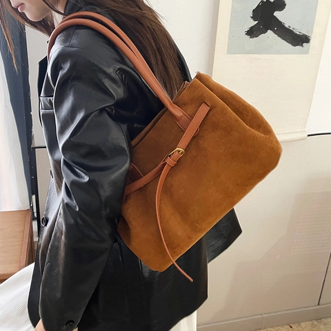Bolso Tote de Gran Capacidad con Textura de Ante Vintage para Mujer Bolso de Hombro Minimalista Retro para Conmutar con Hebilla