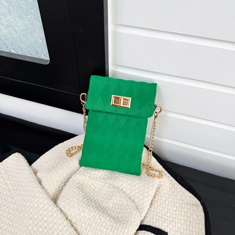Women Quilted Fabric Crossbody Phone Bag With Metal Chain Strap And Turn Lock Diamond Pattern Small Square Chic