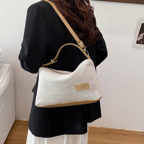 Borsa a Spalla da Donna in Tessuto a Maglia Con Rifiniture in Pelle PU Borsa a Tracolla a Grande Capacità Minimalista Cuciture Borsa Sottobraccio Borsetta Trendy Quotidiana