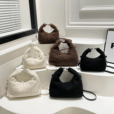 Bolso de Hombro Hobo Casual de Peluche Teddy Fleece para Mujer Bolso de Mano de Piel Sintética Media Luna Con Correa Ajustable