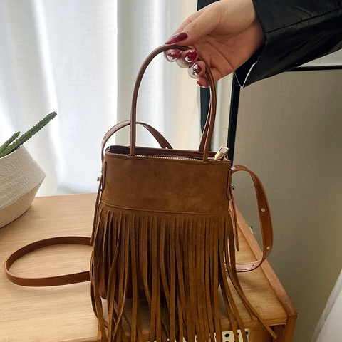 Bolso Bandolera Vintage Bohemio con Borlas para Mujer Aspecto Ante Cuero PU Color Sólido Flecos Bolso de Hombro Gran Capacidad