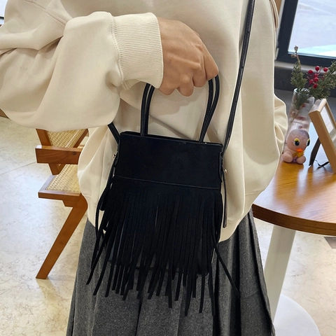 Bolso Bandolera Vintage Bohemio con Borlas para Mujer Aspecto Ante Cuero PU Color Sólido Flecos Bolso de Hombro Gran Capacidad
