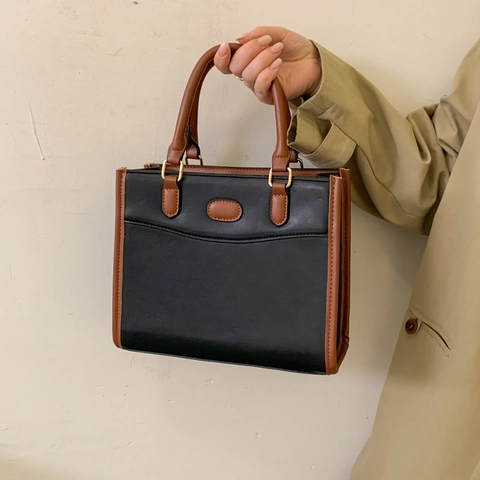 Damen Retro PU Leder Totetasche Minimalistisch Farbblock Naht Quadratische Umhängetasche Mit Verstellbarem Schultergurt