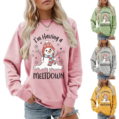 Women Casual Melting Snowman Graphic Sweatshirt Round Neck Long Sleeve Pullover Autumn Winter Loose Cotton Blend Top