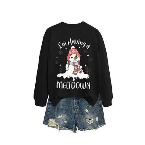 Women Casual Melting Snowman Graphic Sweatshirt Round Neck Long Sleeve Pullover Autumn Winter Loose Cotton Blend Top