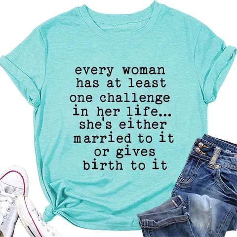 T-Shirt Donna Girocollo Manica Corta Misto Cotone Vestibilità Ampia Stampa Lettere Divertenti Top Casual Estivo
