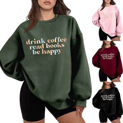 Donna Girocollo Felpa Larga Drink Coffee Read Books Slogan Grafica Manica Lunga Spessa Calda Pullover Casual Invernale Top
