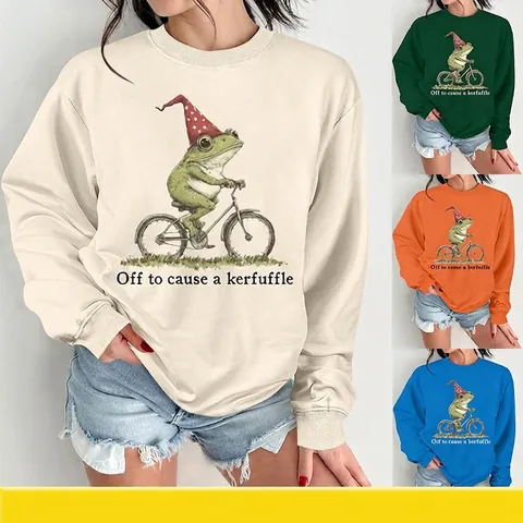 Damen Sweatshirt Langarm Rundhalsausschnitt Pullover Baumwollmischung Lässig Lose Passform Lustige Frosch Grafik Oberteil