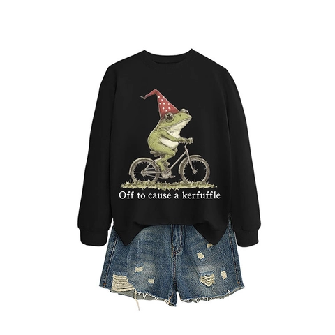 Damen Sweatshirt Langarm Rundhalsausschnitt Pullover Baumwollmischung Lässig Lose Passform Lustige Frosch Grafik Oberteil