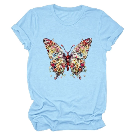 T-Shirt Donna Maniche Corte Girocollo Misto Cotone Stampa Farfalla Floreale Vestibilità Comoda Top Casual Estate