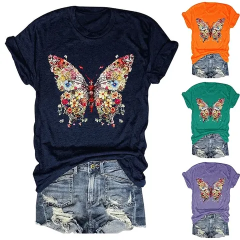 T-Shirt Donna Maniche Corte Girocollo Misto Cotone Stampa Farfalla Floreale Vestibilità Comoda Top Casual Estate