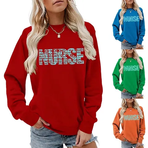 Felpa da Donna Casual a Maniche Lunghe Girocollo Tema Infermiera Lettere Vuote Stampa Stetoscopio Pullover in Misto Cotone Comodo