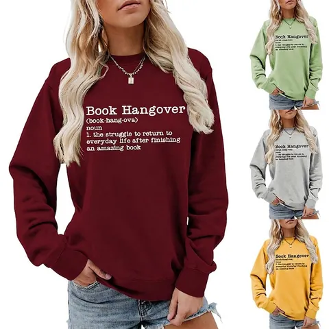 Sweatshirt Décontracté pour Femmes Col Rond Manches Longues Impression Définition Slogan Book Hangover Mélange Coton Pullover Oversize