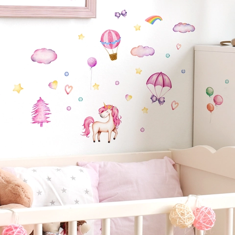 Vinilos Decorativos Pared Unicornio Arcoíris Globo Aerostático Acuarela PVC Autoadhesivos Para Habitación Infantil