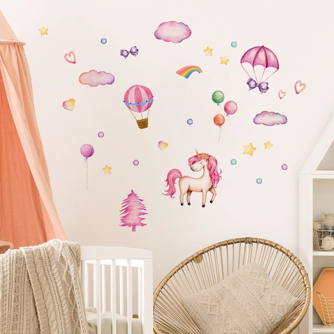 Vinilos Decorativos Pared Unicornio Arcoíris Globo Aerostático Acuarela PVC Autoadhesivos Para Habitación Infantil