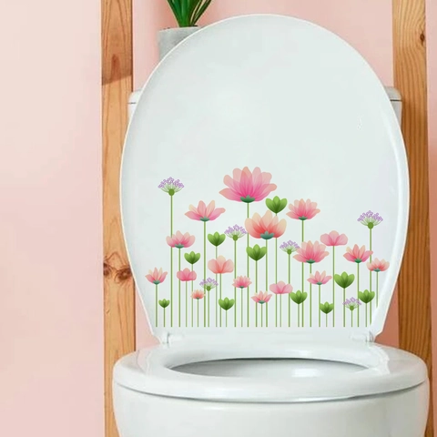 Sticker de Toilettes Fleuri Rose Imperméable en PVC Décalcomanie Murale pour Réservoir Couvercle de Salle de Bain Décoration Maison