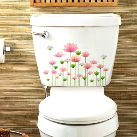 Sticker de Toilettes Fleuri Rose Imperméable en PVC Décalcomanie Murale pour Réservoir Couvercle de Salle de Bain Décoration Maison