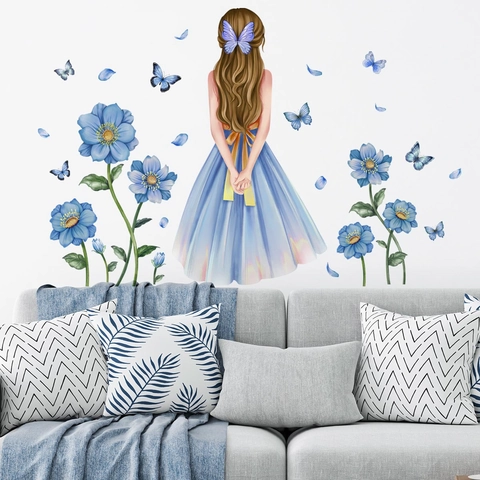 Aquarell Mädchen Langes Kleid Blau Blume Schmetterling Wandtattoo Ästhetische Florale Fee Aufkleber Für Schlafzimmer Deko