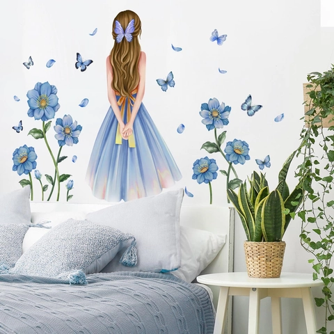 Aquarell Mädchen Langes Kleid Blau Blume Schmetterling Wandtattoo Ästhetische Florale Fee Aufkleber Für Schlafzimmer Deko