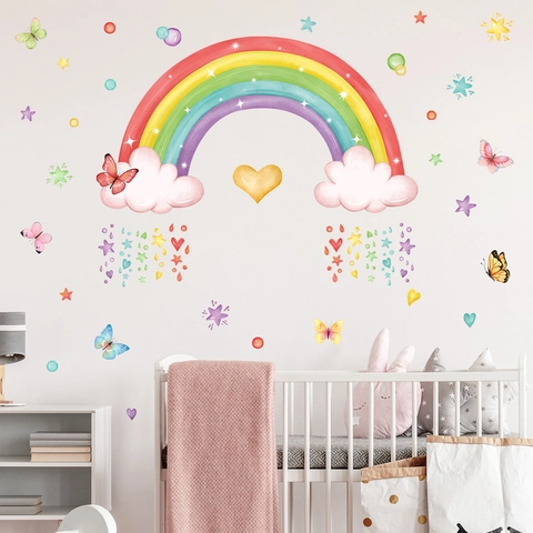 Aquarel Regenboog Wolk Sterren Vlinder Muurstickers PVC DIY Decoratieve Sticker Voor Kinderkamer Slaapkamer Achtergrond Home Decor
