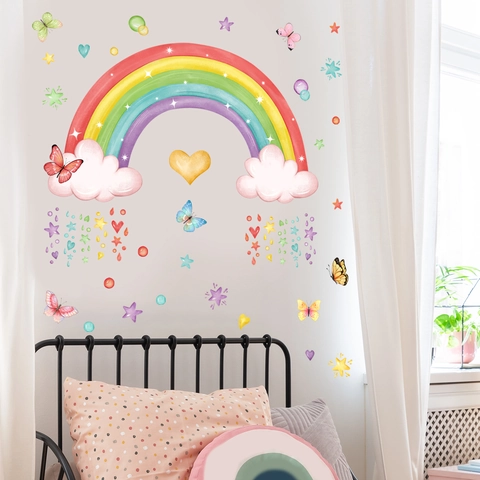 Aquarel Regenboog Wolk Sterren Vlinder Muurstickers PVC DIY Decoratieve Sticker Voor Kinderkamer Slaapkamer Achtergrond Home Decor