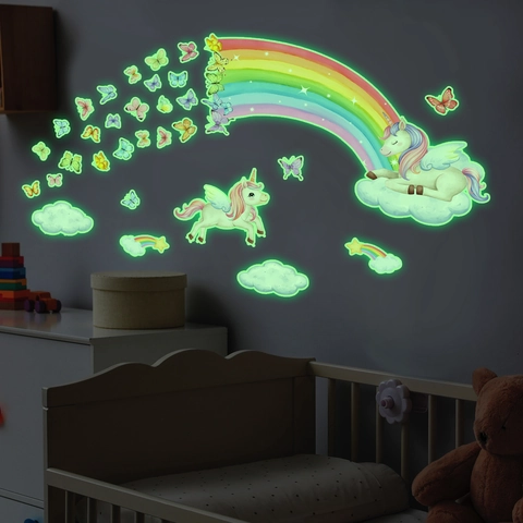 Luminous Unicorn Rainbow Wall Sticker For Kids Room PVC Glow In The Dark Butterfly Cloud Decorative Wall Decal Set