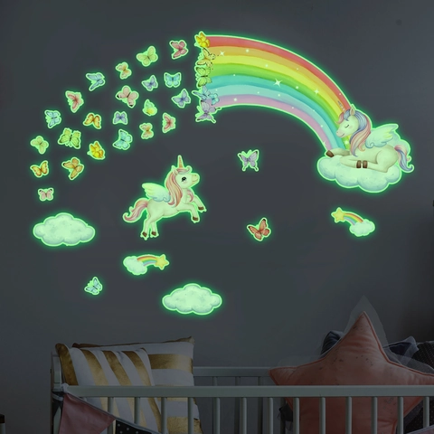 Luminous Unicorn Rainbow Wall Sticker For Kids Room PVC Glow In The Dark Butterfly Cloud Decorative Wall Decal Set