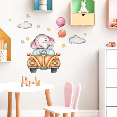 Muurstickers Olifant Die Auto Rijdt PVC Verwijderbaar Aquarel Kinderkamer Decor Cartoon Dieren Stickers Voor Kinderen