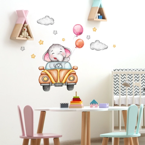 Muurstickers Olifant Die Auto Rijdt PVC Verwijderbaar Aquarel Kinderkamer Decor Cartoon Dieren Stickers Voor Kinderen