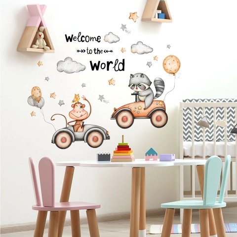 Cartoon Animal Car Wall Sticker With Welcome To The World Quote Clouds Stars DIY PVC Nursery Wall Decal For Kids Room