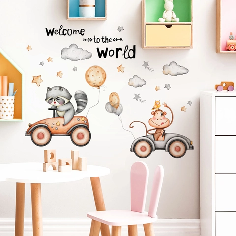 Cartoon Animal Car Wall Sticker With Welcome To The World Quote Clouds Stars DIY PVC Nursery Wall Decal For Kids Room