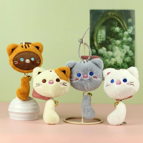 Lindo Llavero de Peluche de Cabeza de Gato Con Campana Dorada y Suave Cola de Peluche Colgante de Bolso de Animal Relleno para Mujeres Niñas
