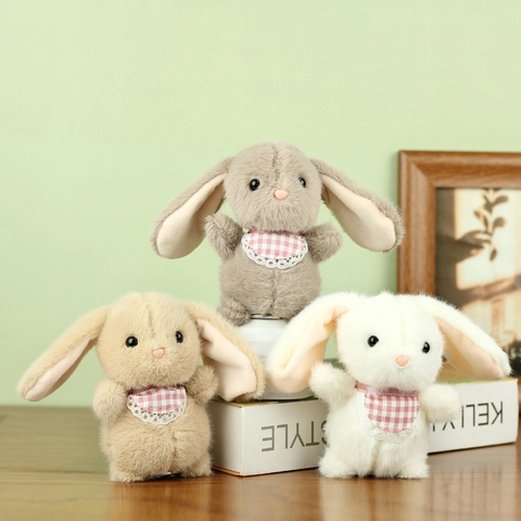Cute Rabbit Plush Keychain Pendant Soft Stuffed Animal Toy Bunny With Checkered Lace Bib For Bag Charm Gift Home Decor